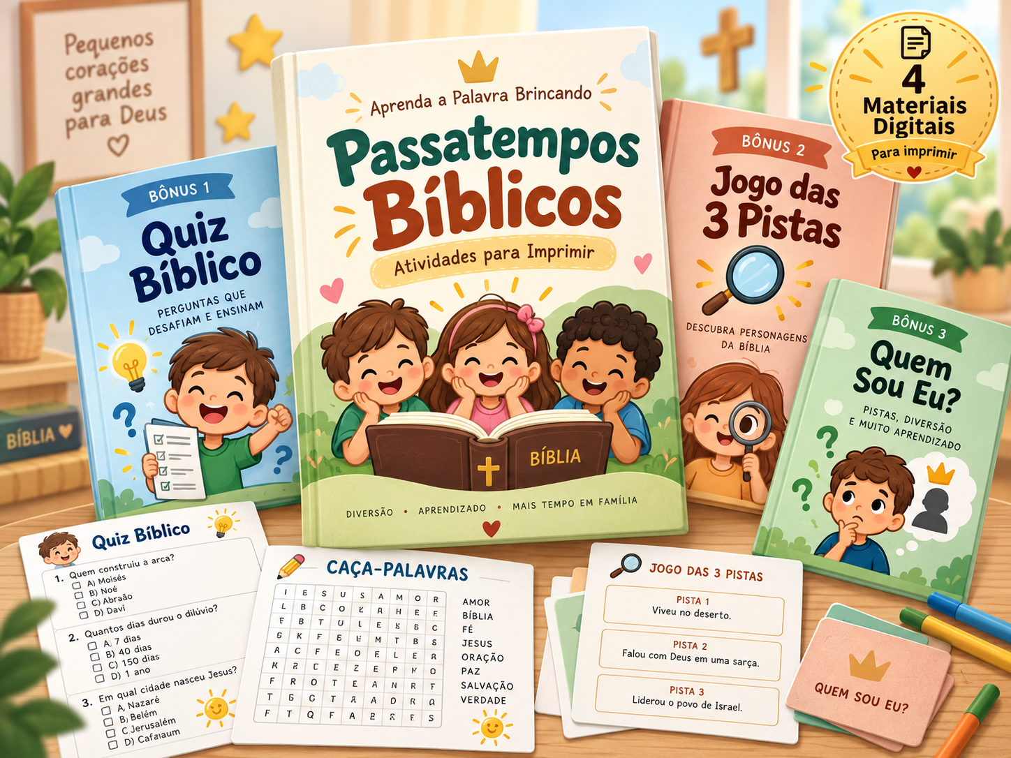 Kit digital com o Passatempos Bíblicos, Quiz Bíblico, Jogo das 3 Pistas e Quem Sou Eu